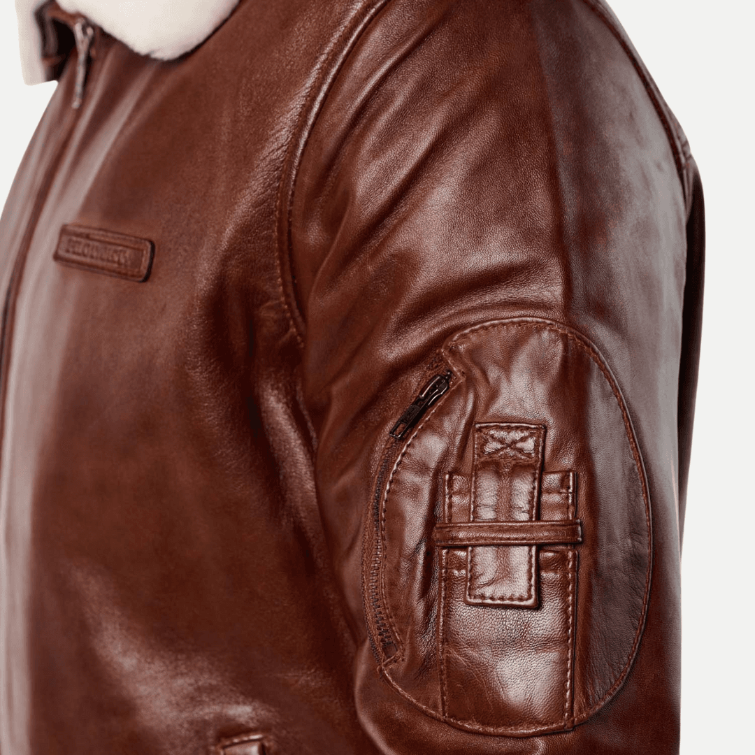 Mens Brown Leather Pilot Jacket With White Detachable Collar