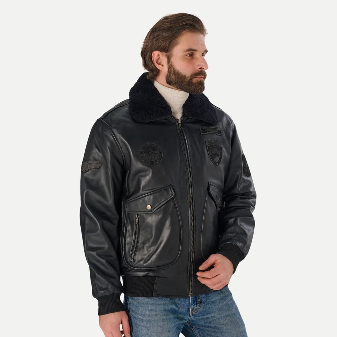 Mens Black Flight Bomber Jacket With Detachable Fur Collar