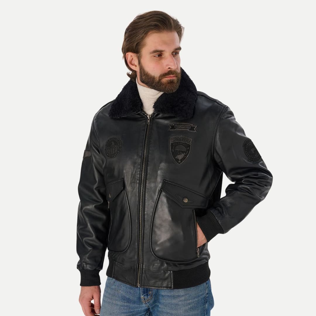 Mens Black Flight Bomber Jacket With Detachable Fur Collar