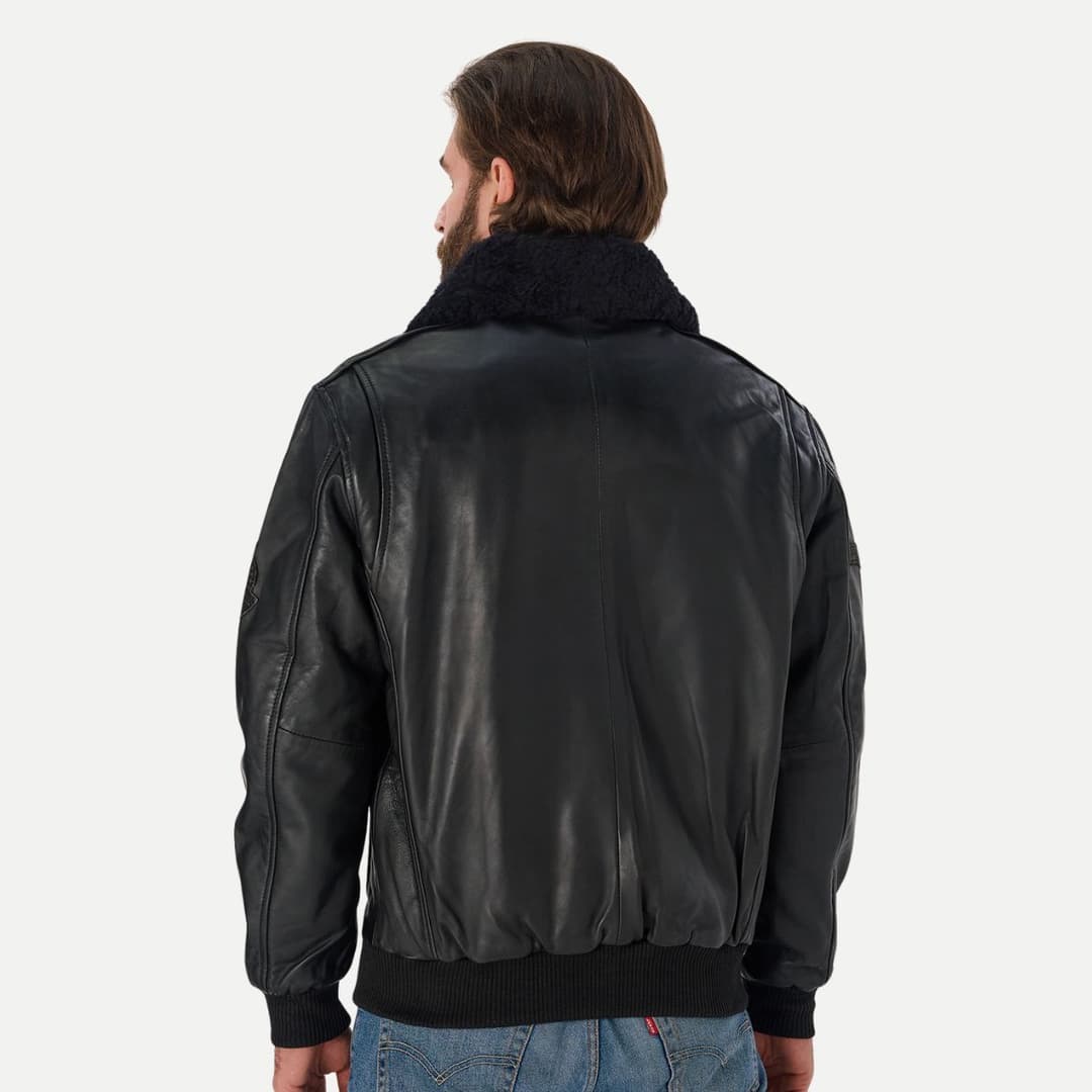 Mens Black Flight Bomber Jacket With Detachable Fur Collar