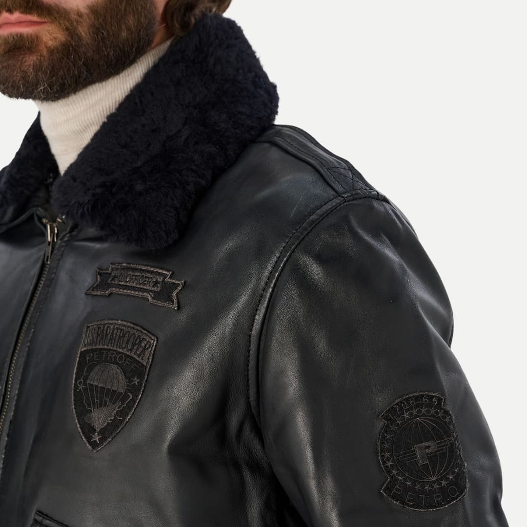 Mens Black Flight Bomber Jacket With Detachable Fur Collar