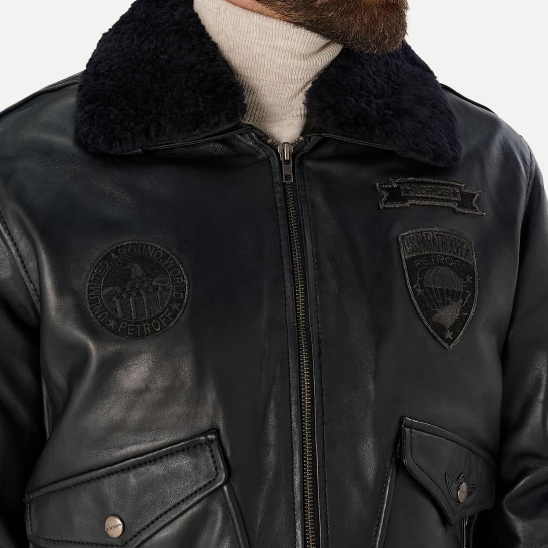 Mens Black Flight Bomber Jacket With Detachable Fur Collar