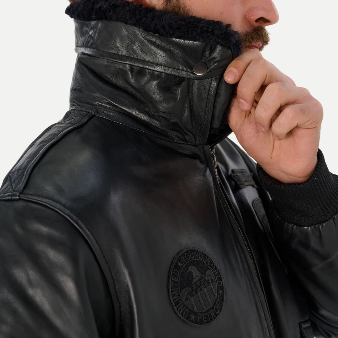 Mens Black Flight Bomber Jacket With Detachable Fur Collar