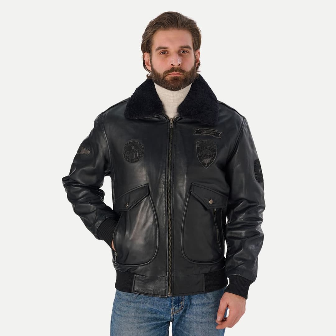 Mens Black Flight Bomber Jacket With Detachable Fur Collar
