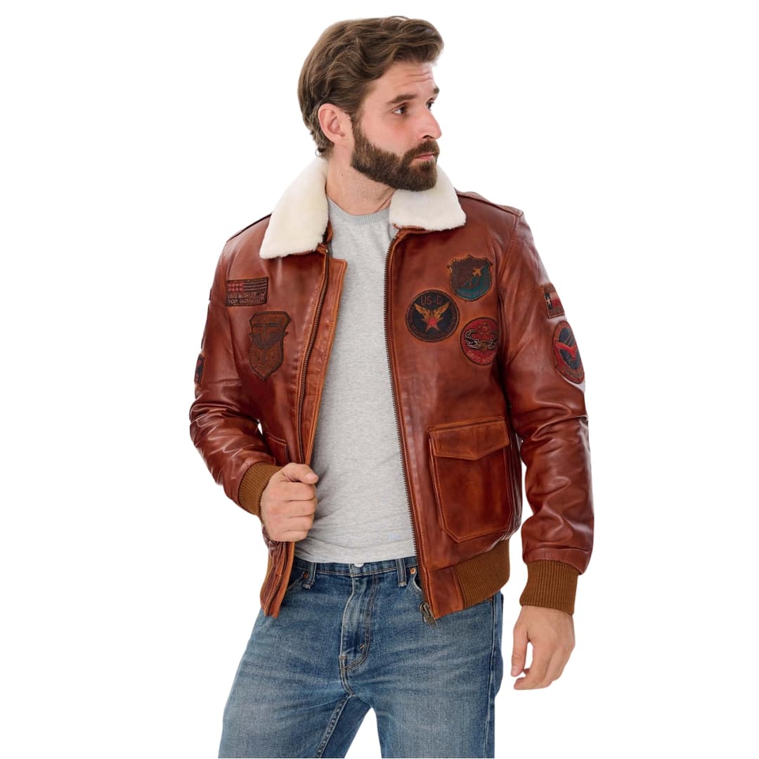 Mens Brown Leather Aviator Jacket With Sheepskin Fur Collar