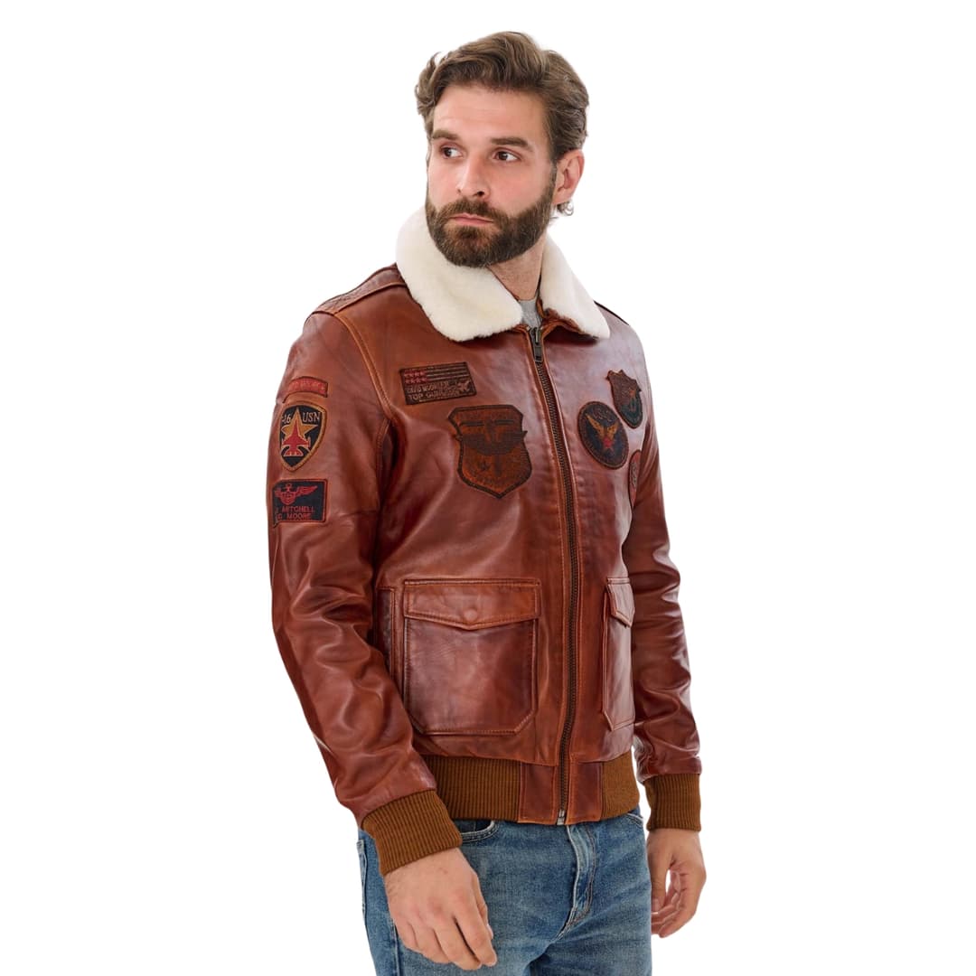 Mens Brown Leather Aviator Jacket With Sheepskin Fur Collar