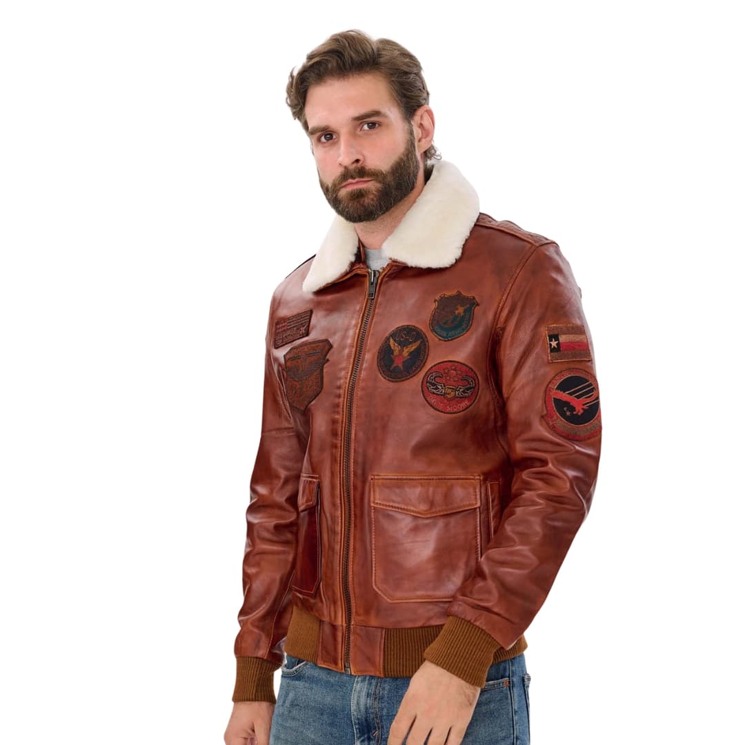 Mens Brown Leather Aviator Jacket With Sheepskin Fur Collar
