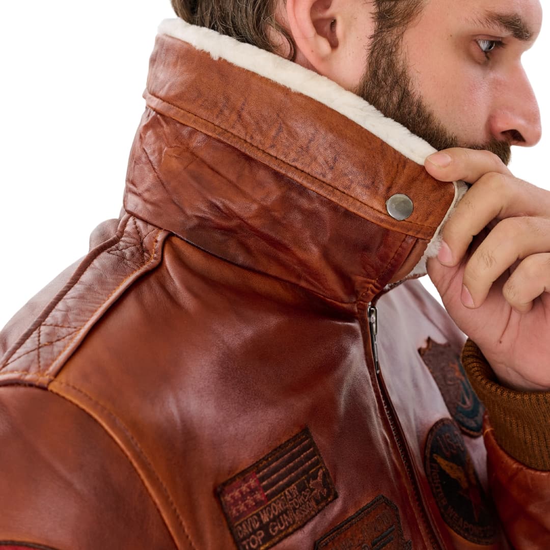 Mens Brown Leather Aviator Jacket With Sheepskin Fur Collar