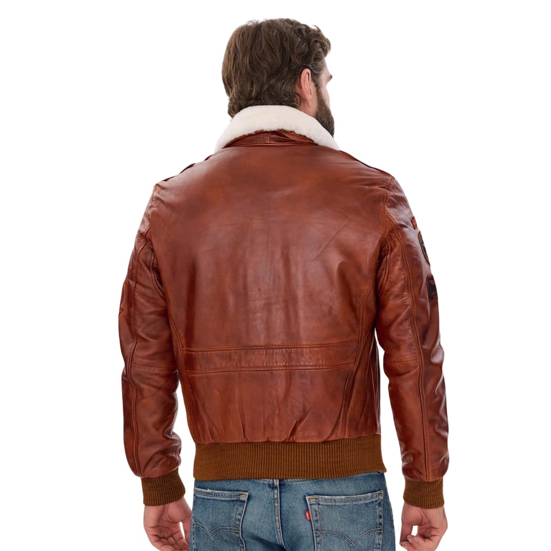 Mens Brown Leather Aviator Jacket With Sheepskin Fur Collar