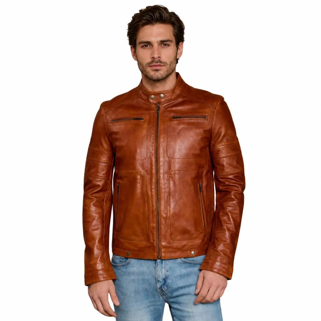 Cognac Mens Café Racer Leather Motorcycle Jacket_1