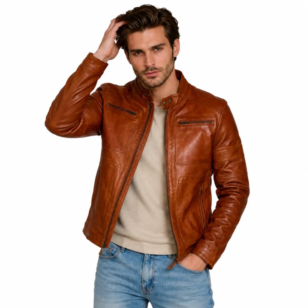 Cognac Mens Café Racer Leather Motorcycle Jacket_2