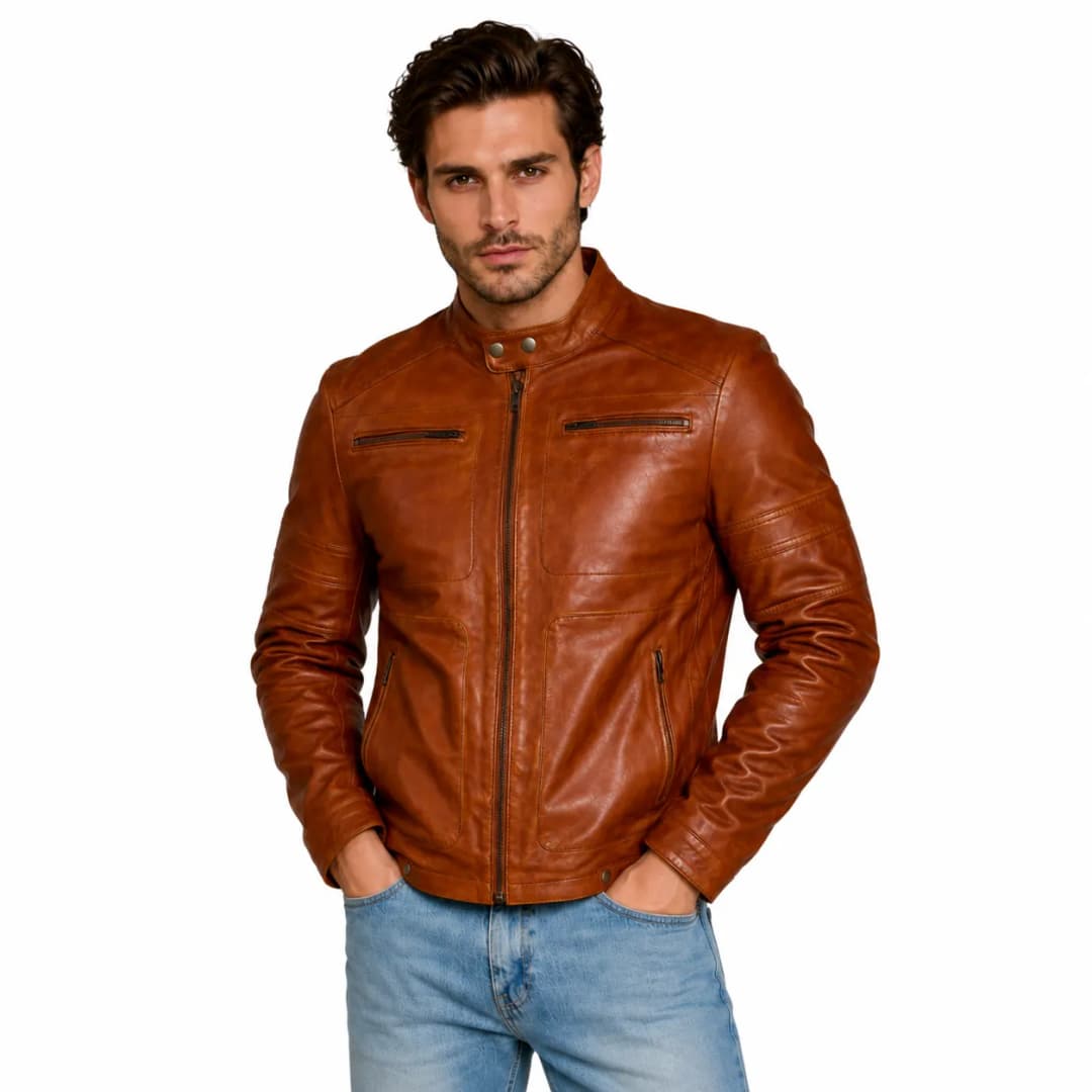Cognac Mens Café Racer Leather Motorcycle Jacket_3