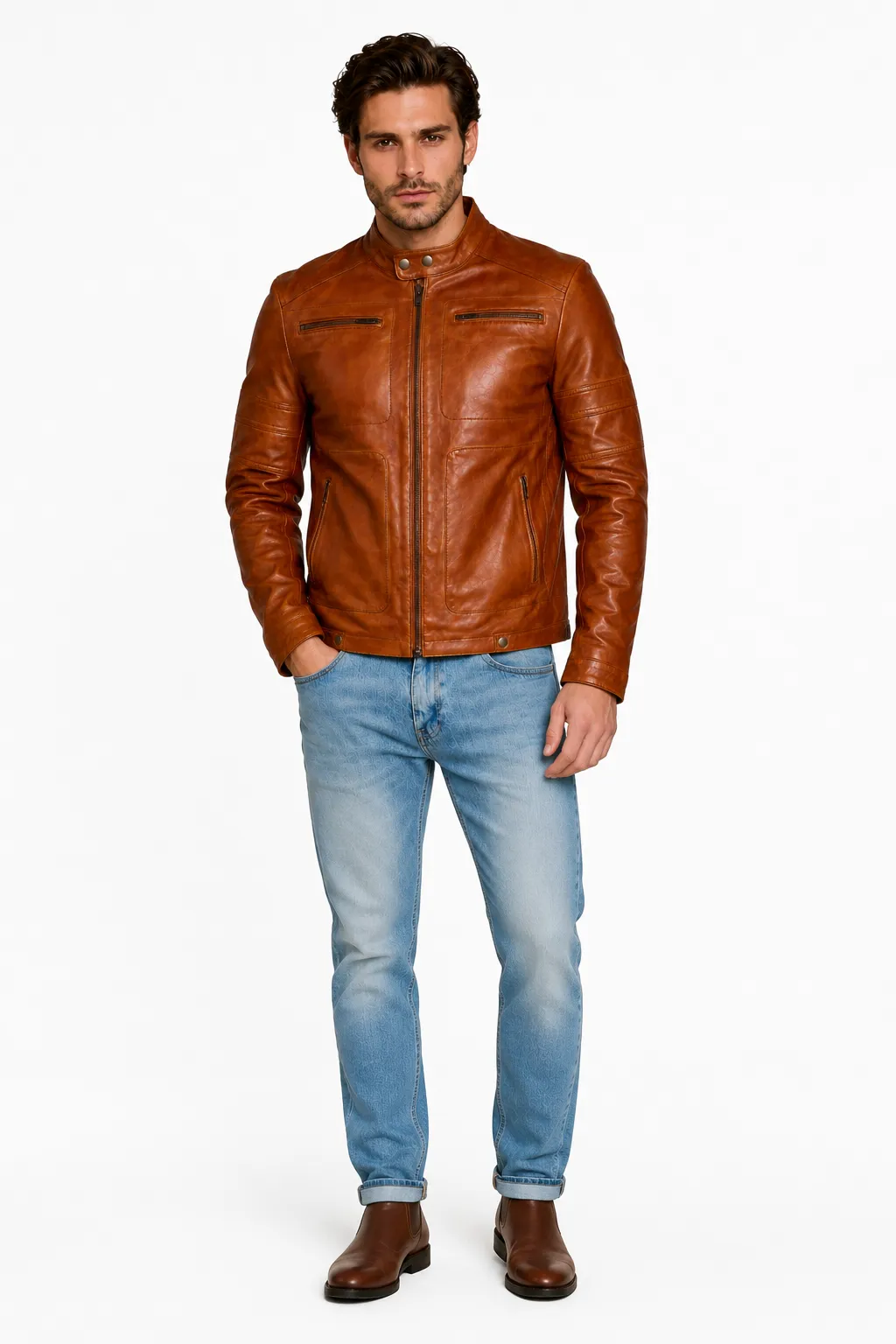 Cognac Mens Café Racer Leather Motorcycle Jacket_4
