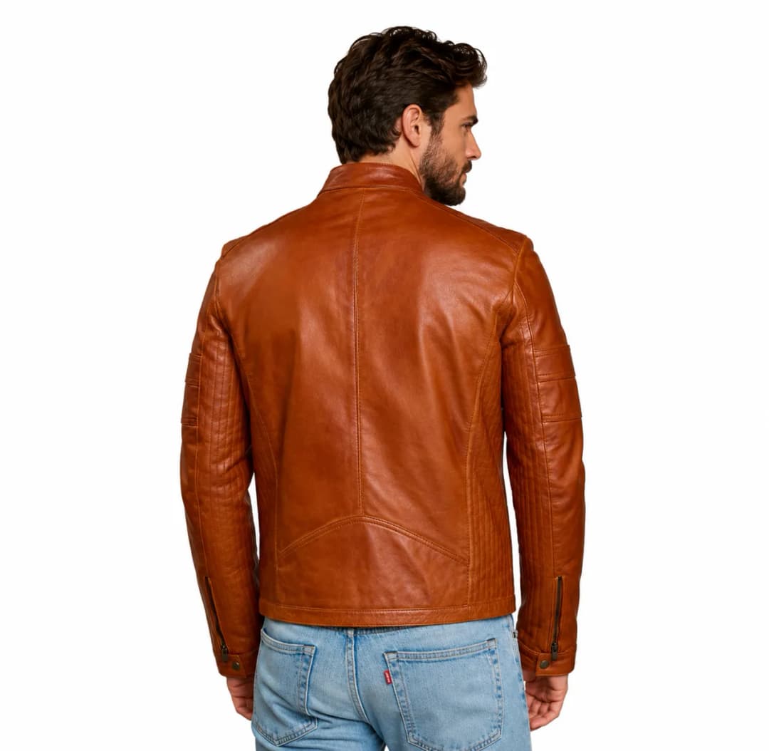 Cognac Mens Café Racer Leather Motorcycle Jacket_5