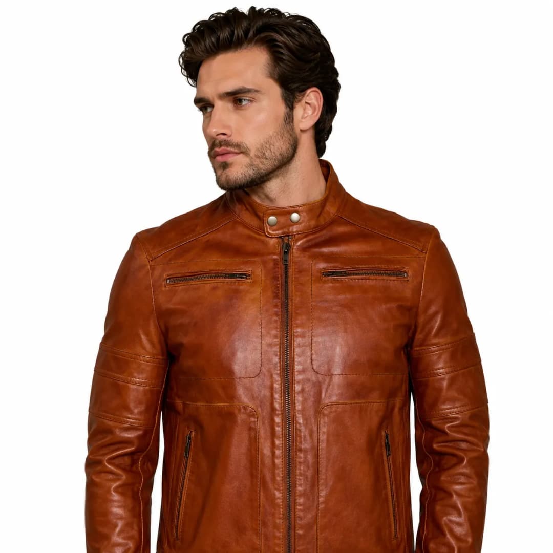 Cognac Mens Café Racer Leather Motorcycle Jacket_7