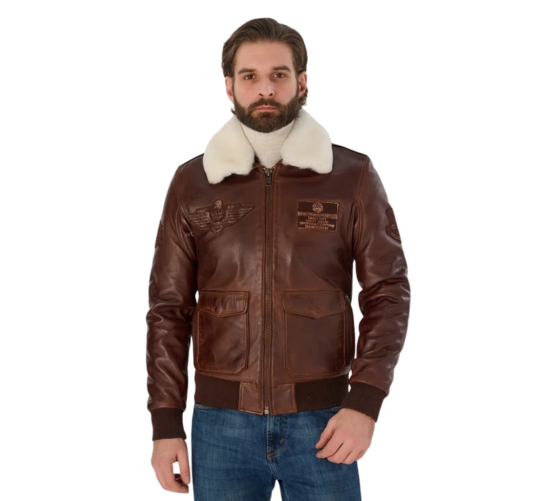 Mens Aviator Bomber Leather Jacket With Fur Collar
