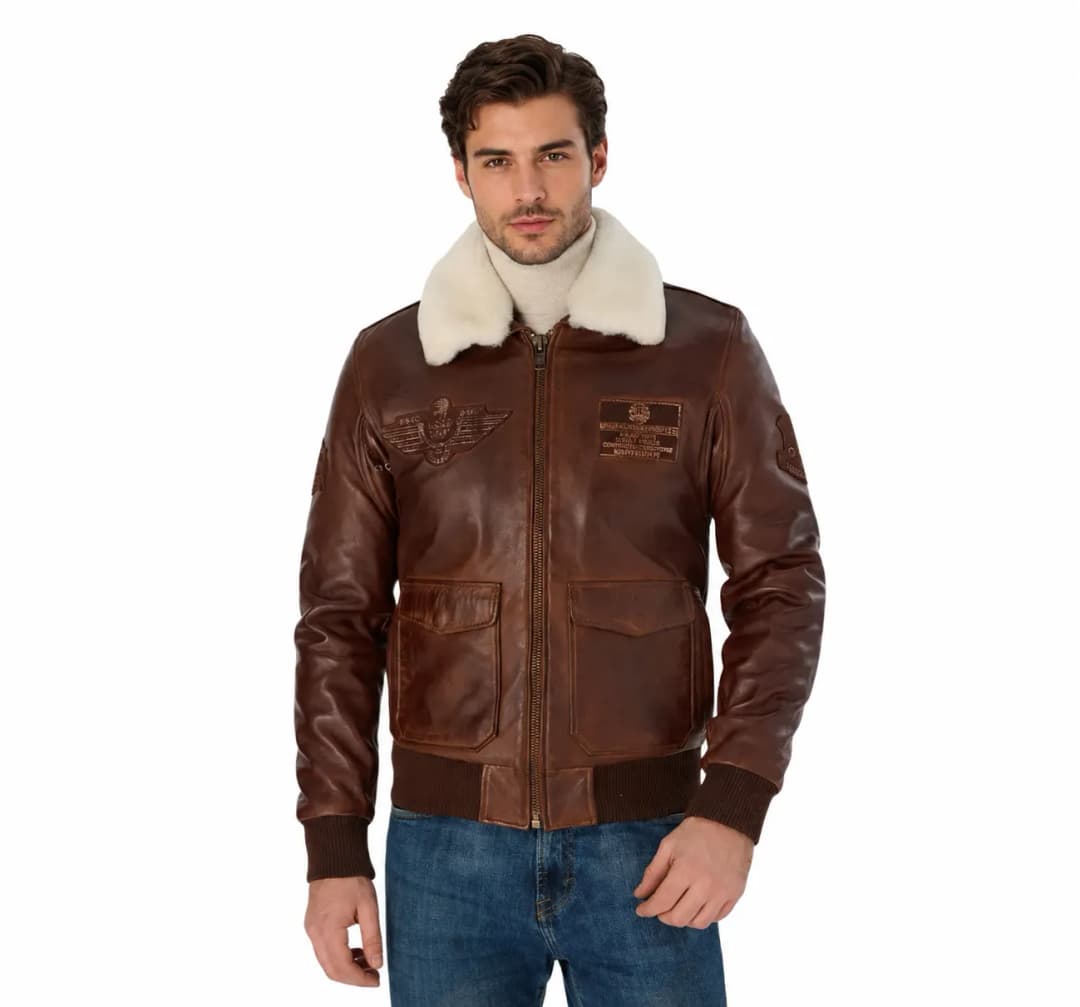 Mens Air Force Leather Flight Jacket With Fur Collar_1
