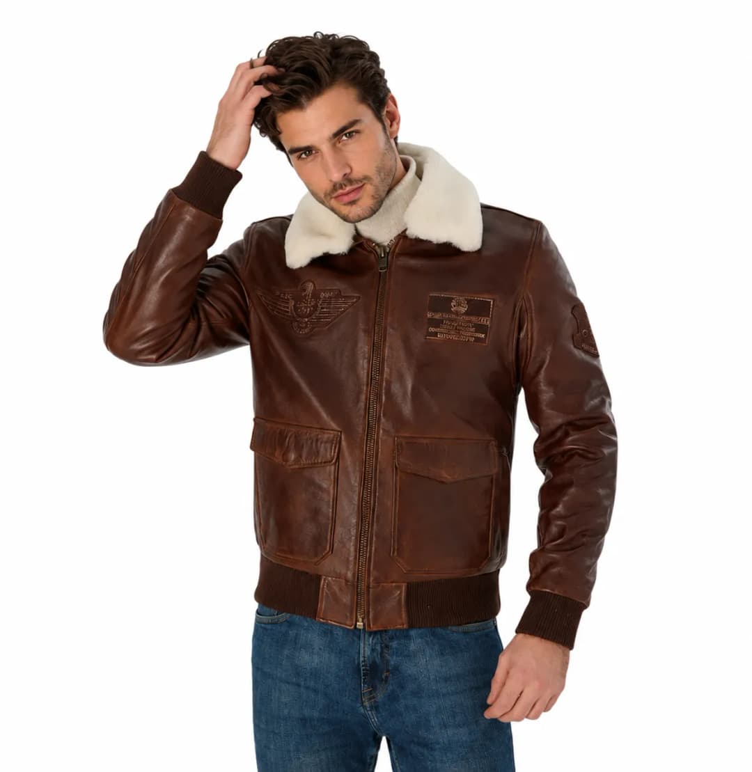 Mens Air Force Leather Flight Jacket With Fur Collar_2