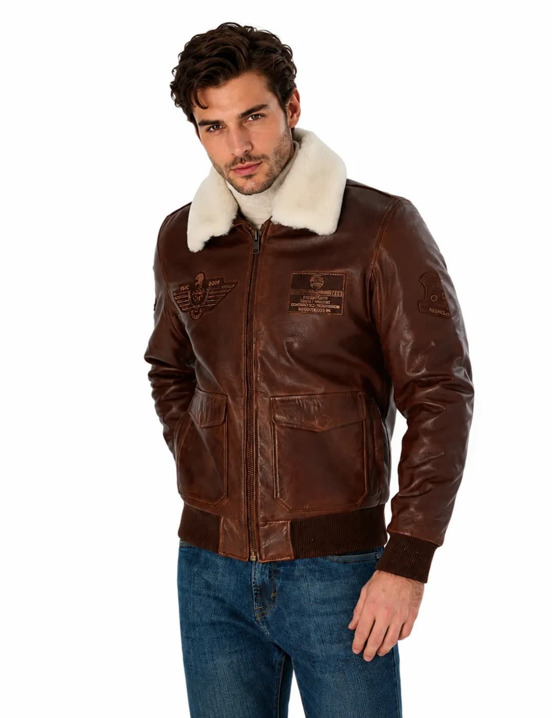Mens Air Force Leather Flight Jacket With Fur Collar_3