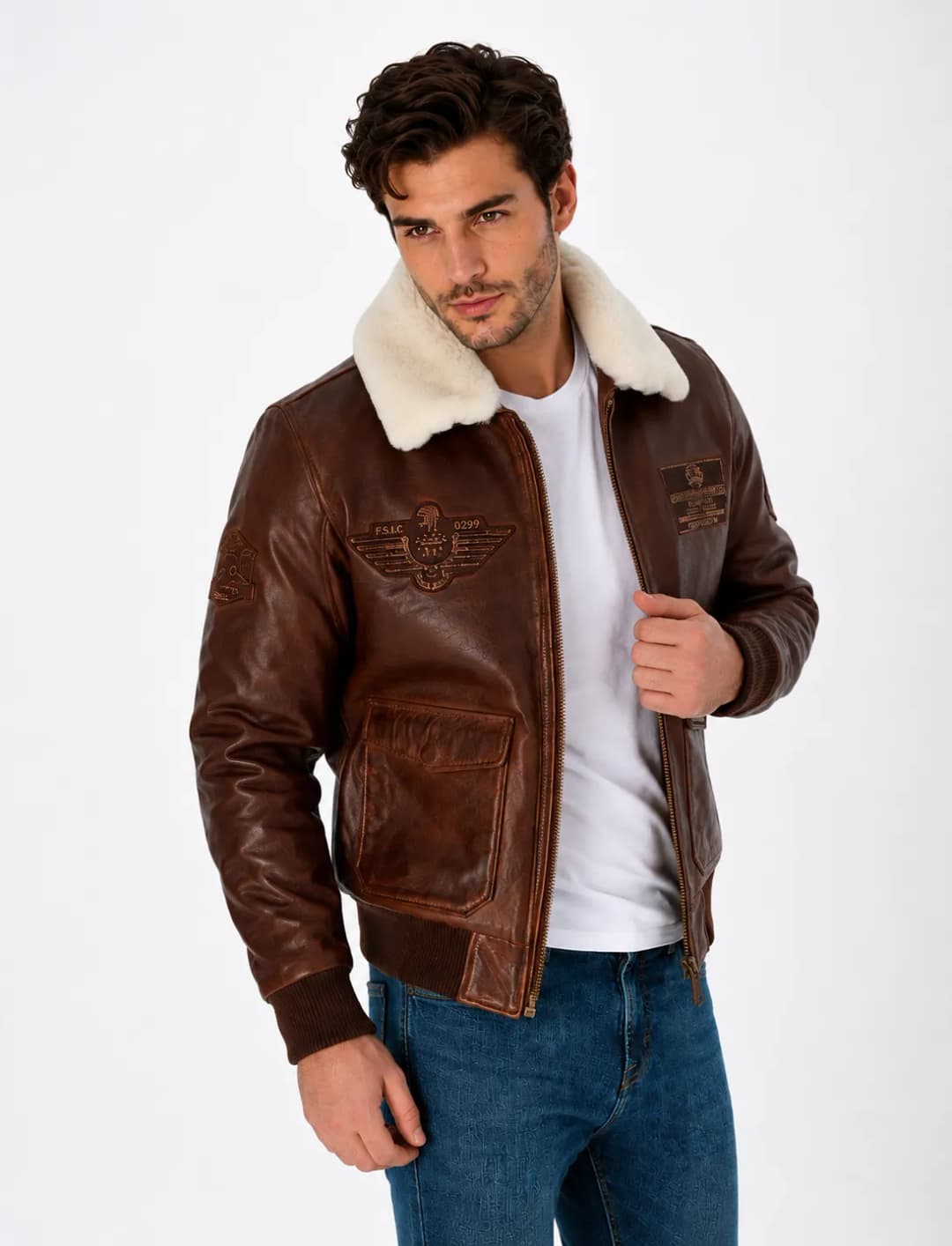 Mens Air Force Leather Flight Jacket With Fur Collar_5