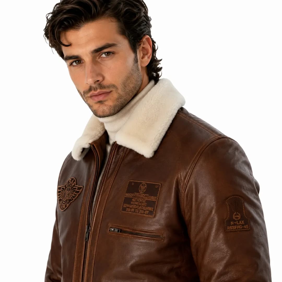 Mens Air Force Leather Flight Jacket With Fur Collar_8