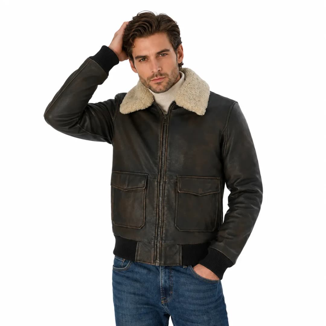 Mens Brown Leather Aviator Bomber Jacket With Fur Collar_2