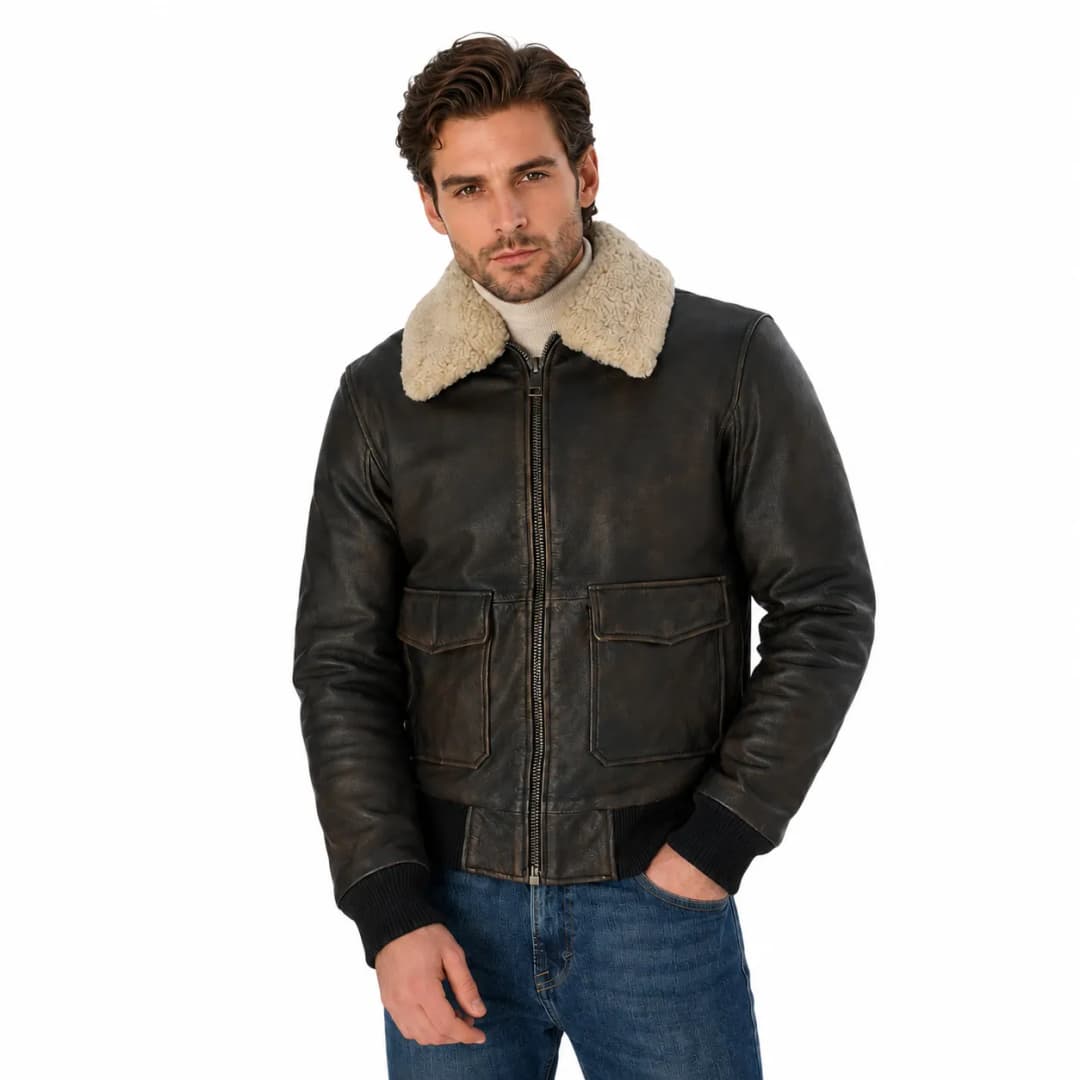 Mens Brown Leather Aviator Bomber Jacket With Fur Collar_3