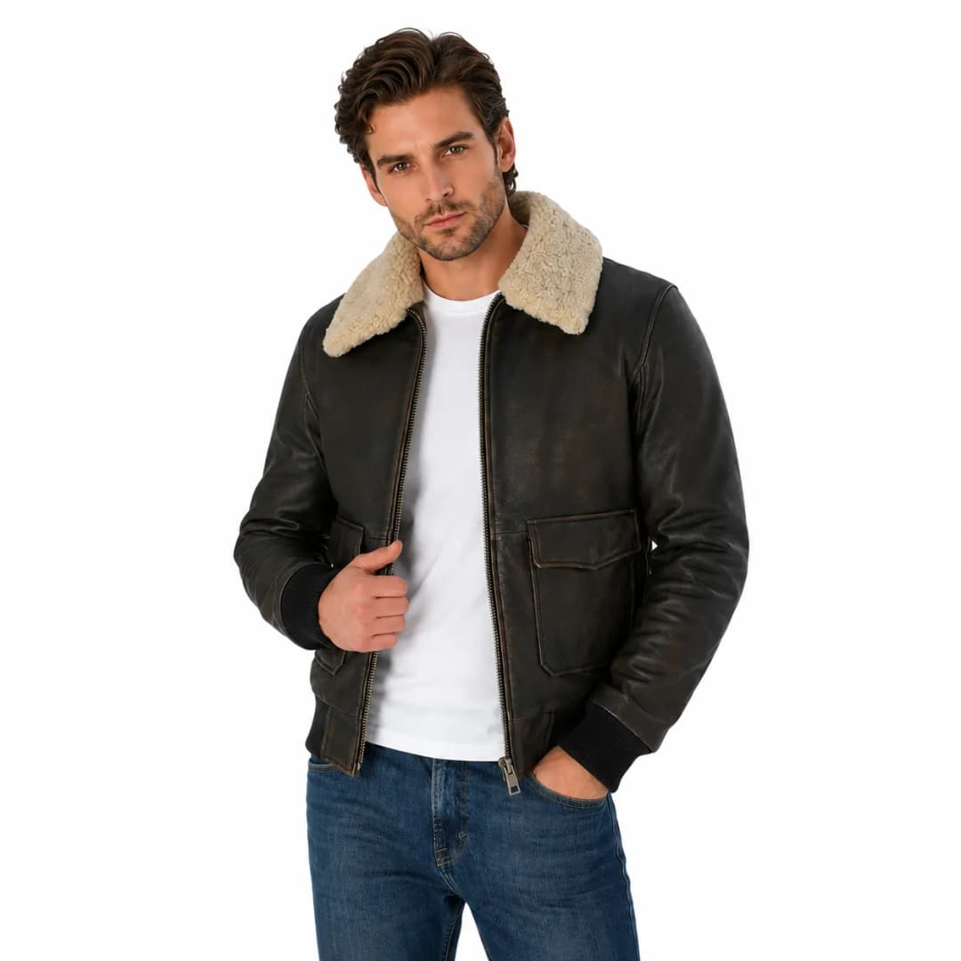 Mens Brown Leather Aviator Bomber Jacket With Fur Collar_4