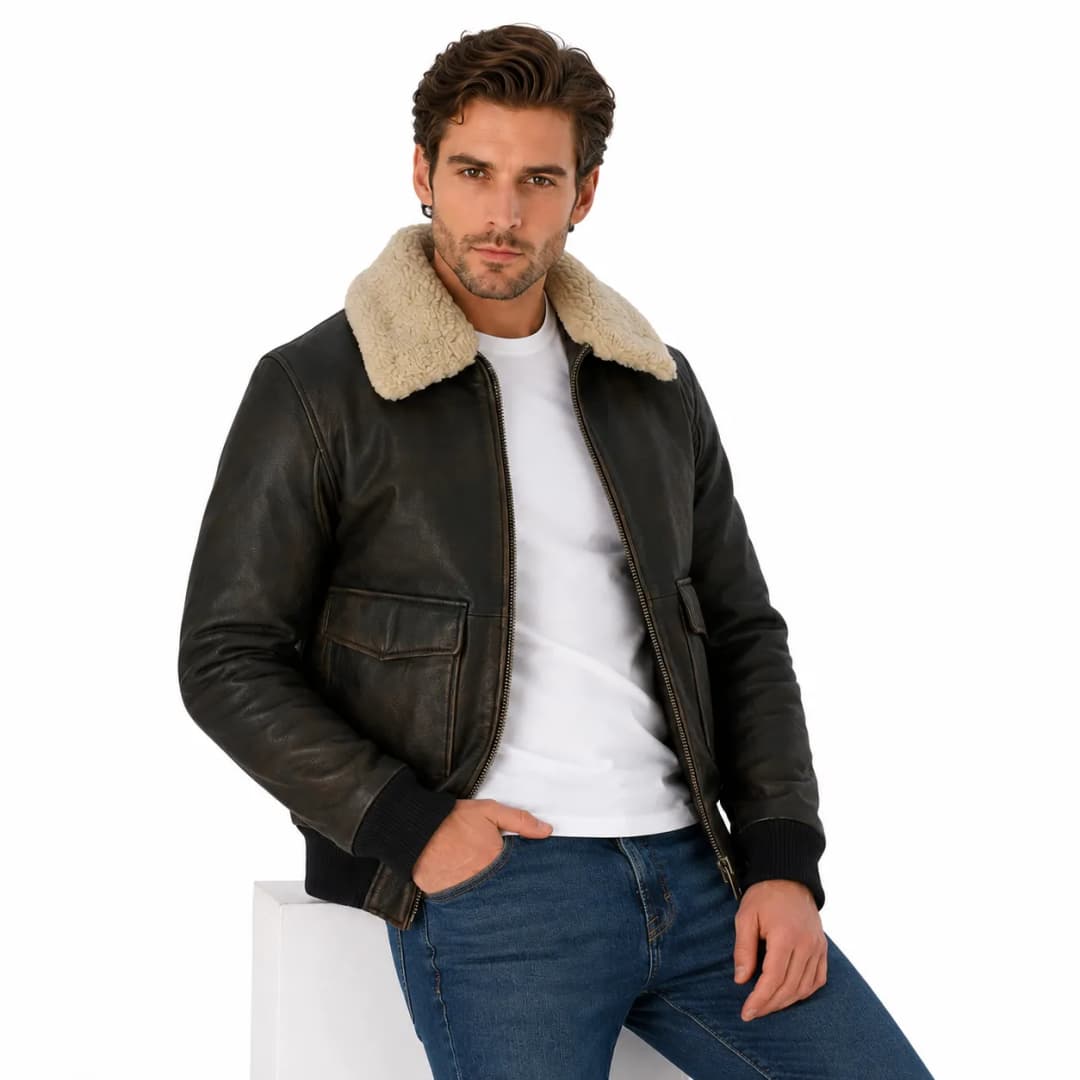 Mens Brown Leather Aviator Bomber Jacket With Fur Collar_5