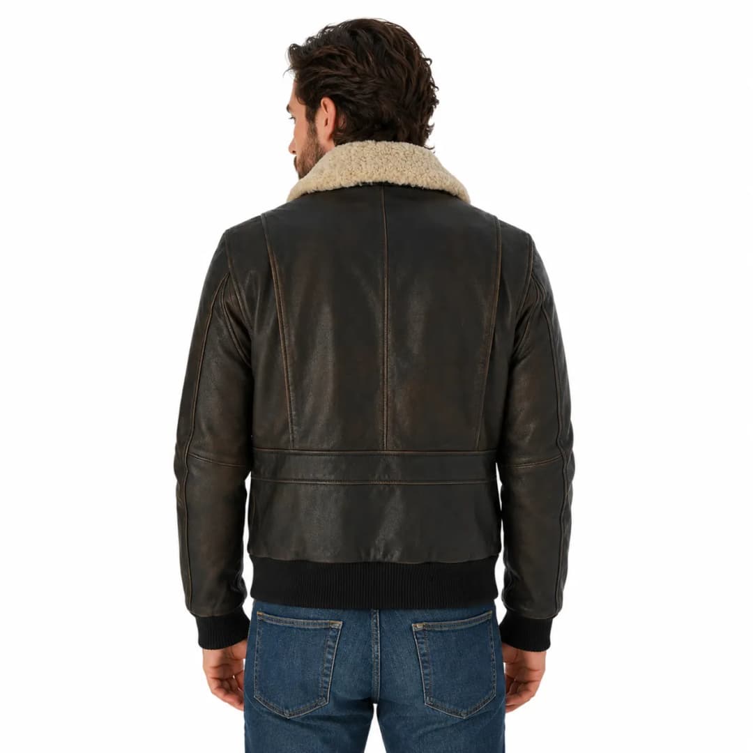 Mens Brown Leather Aviator Bomber Jacket With Fur Collar_6