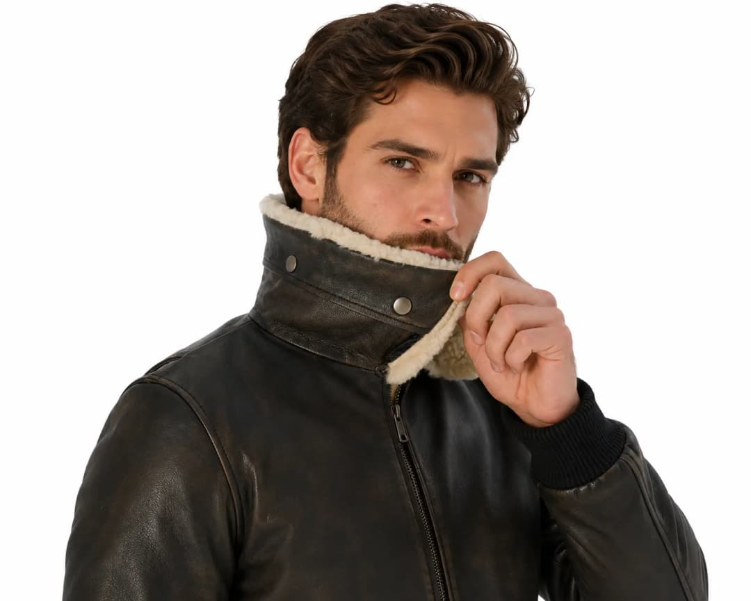 Mens Brown Leather Aviator Bomber Jacket With Fur Collar_7