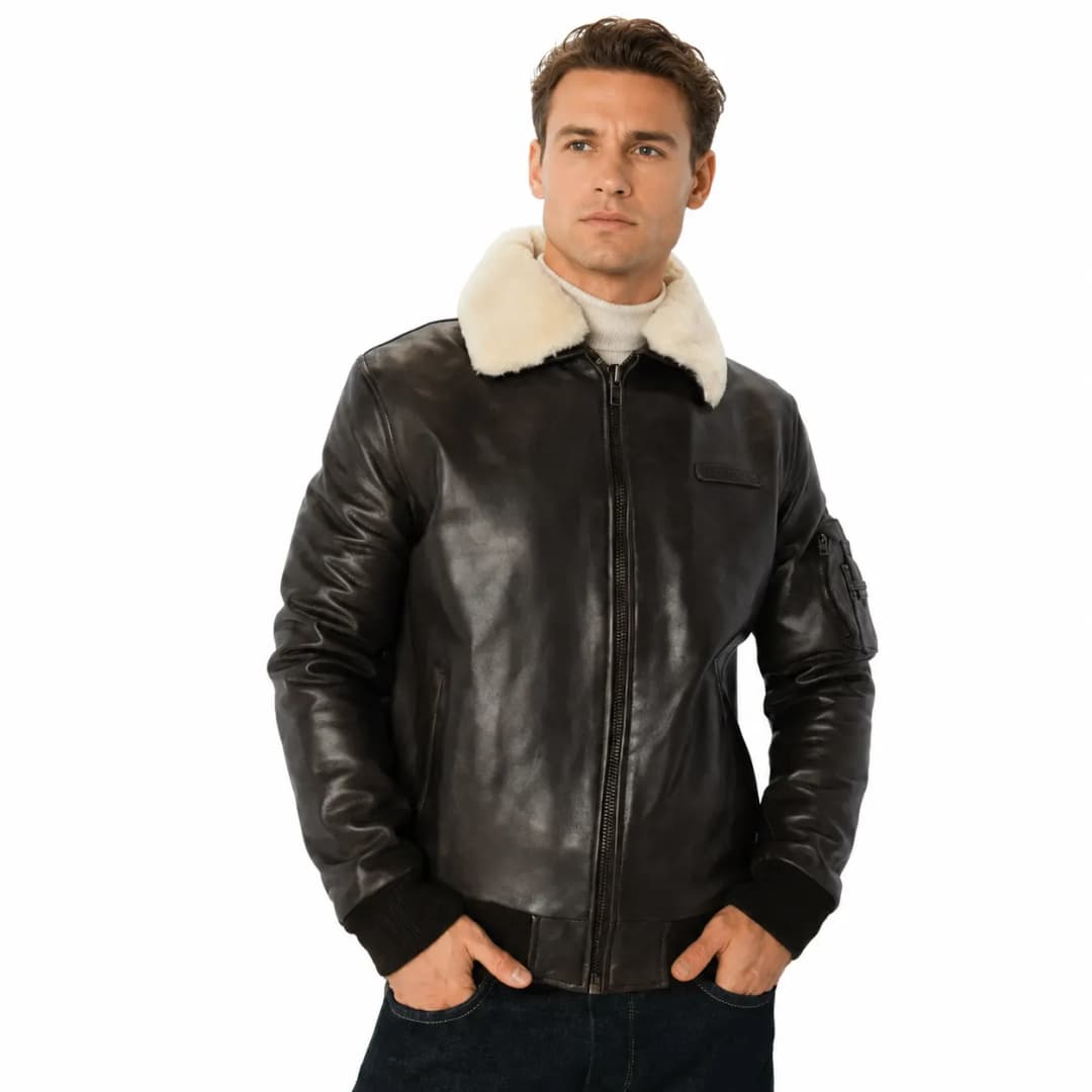 MeMens Brown Leather Aviator Jacket with Fur Collarrns Brown Leather Aviator Jacket with Fur Collarr_1
