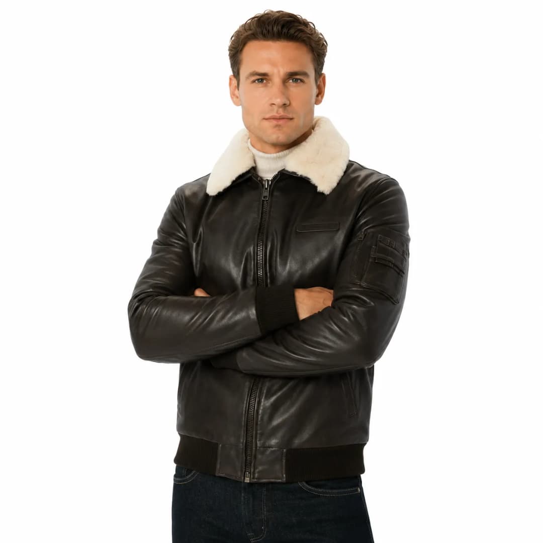 Mens Brown Leather Aviator Jacket with Fur Collarr_2