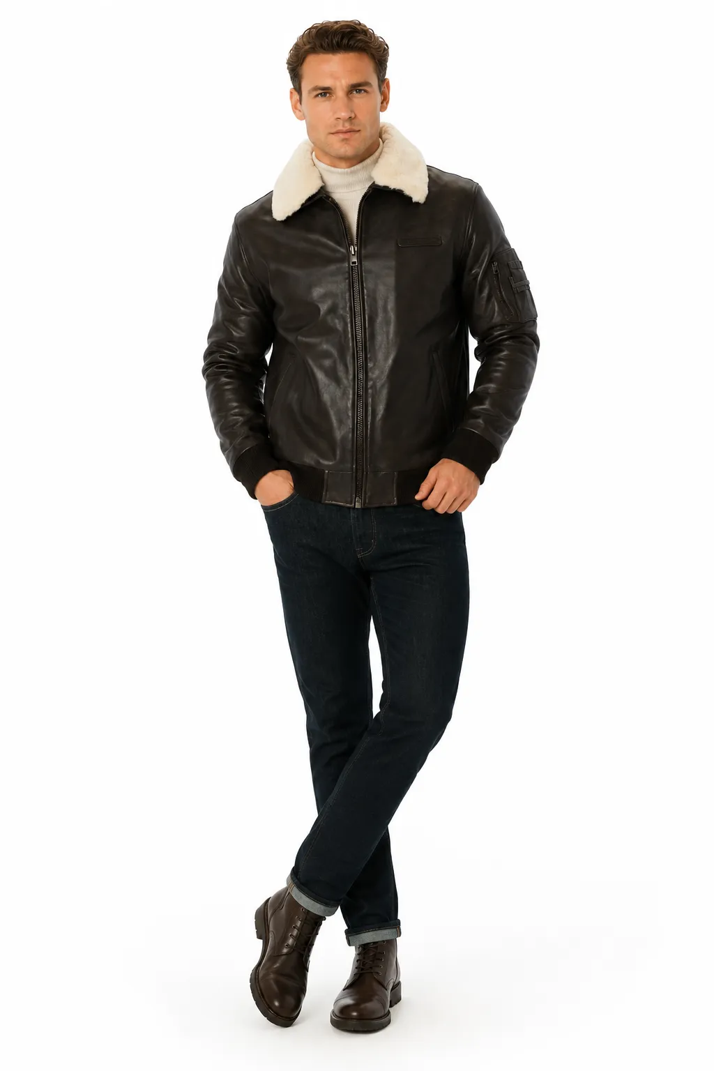 Mens Brown Leather Aviator Jacket with Fur Collarr_3