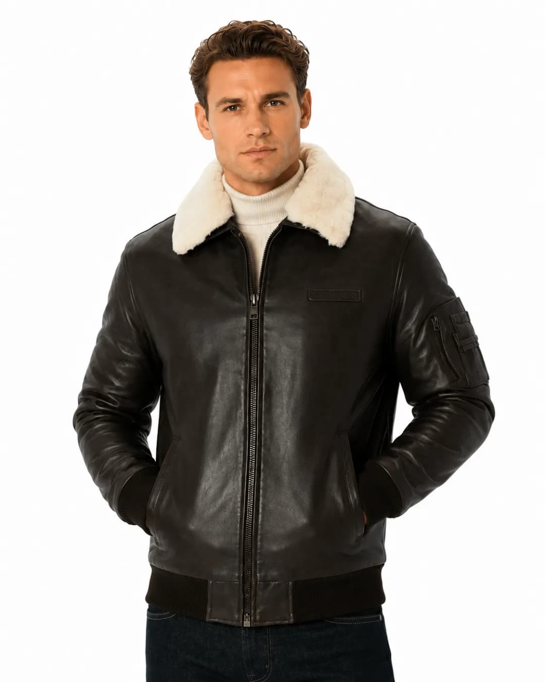 Mens Brown Leather Aviator Jacket with Fur Collarr_4