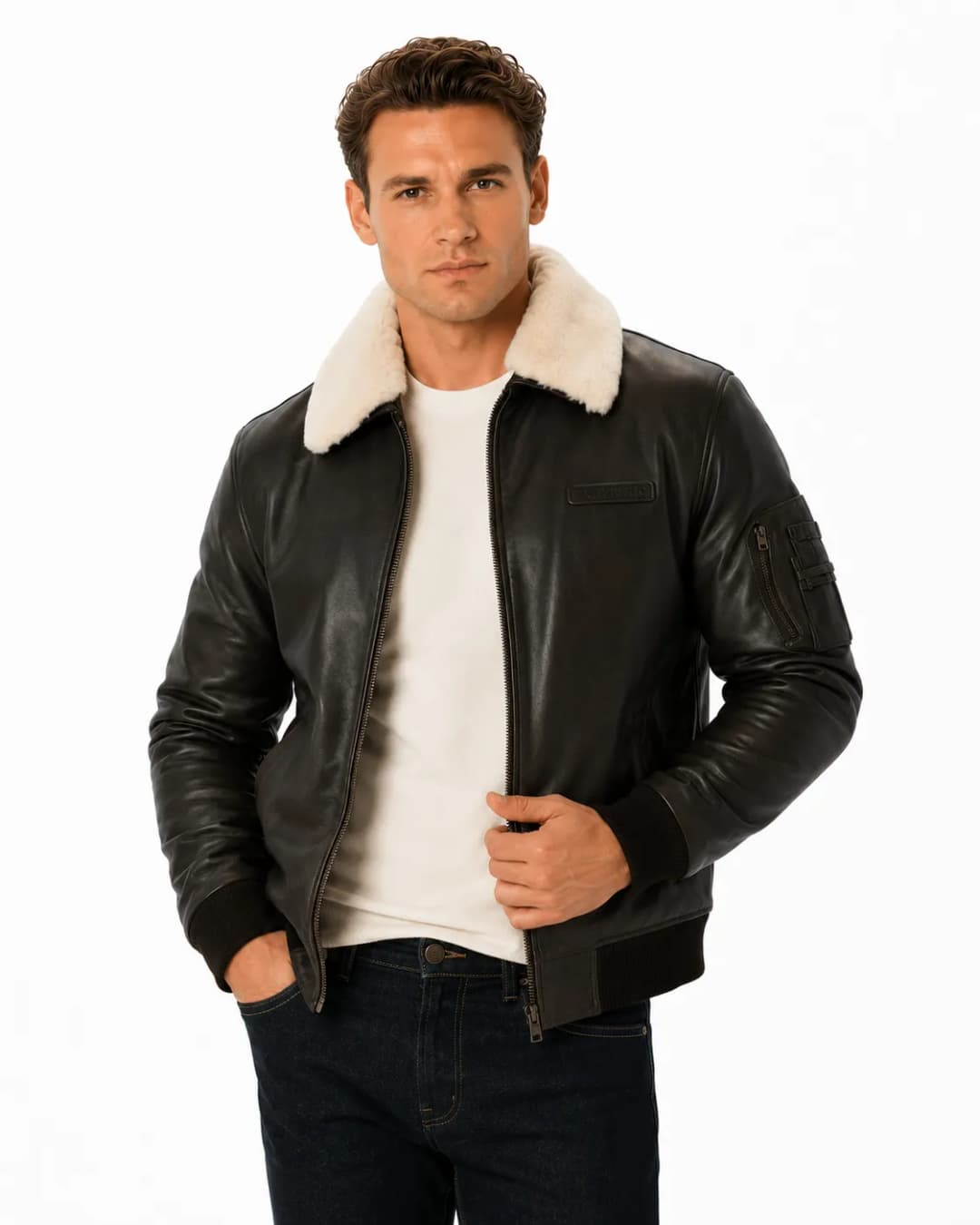 Mens Brown Leather Aviator Jacket with Fur Collarr_5