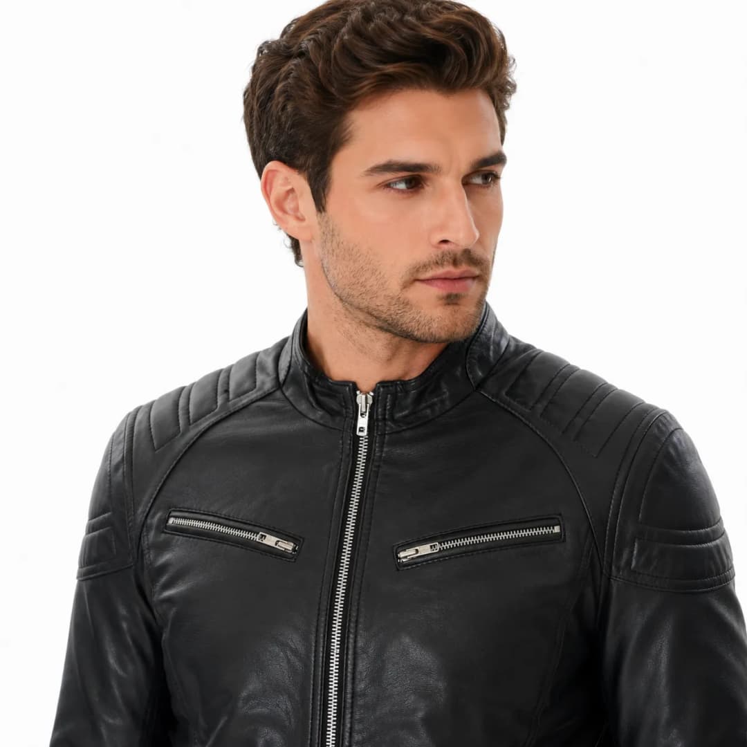 Mens Cafe Racer Black Leather Motorcycle Jacket_1