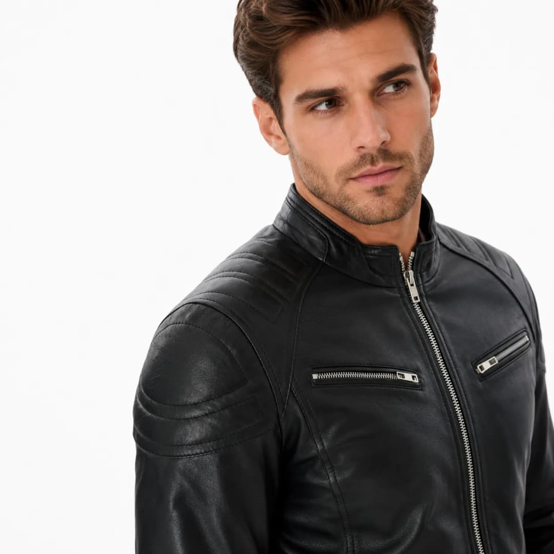 Mens Cafe Racer Black Leather Motorcycle Jacket_2