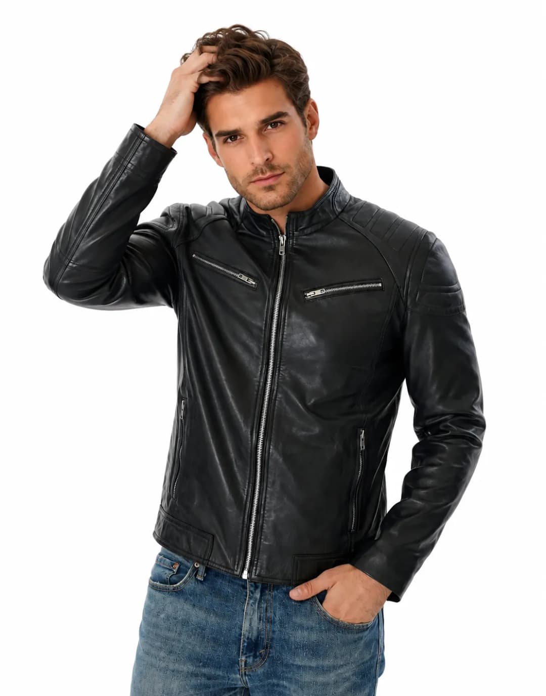 Mens Cafe Racer Black Leather Motorcycle Jacket_4