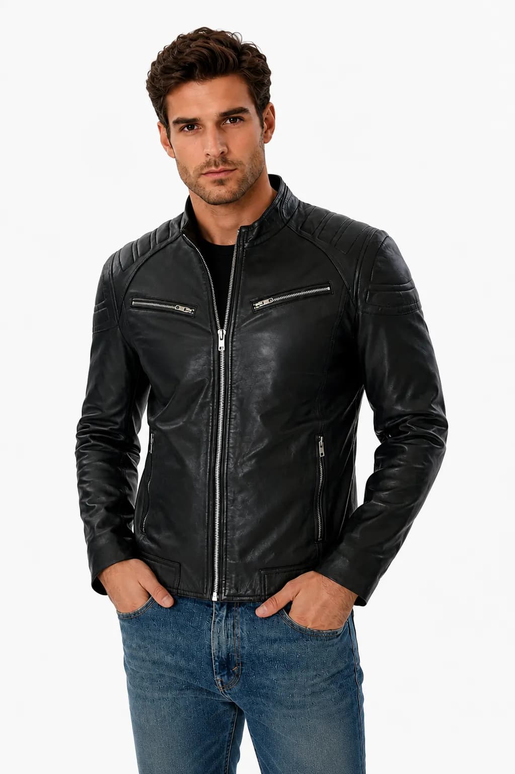 Mens Cafe Racer Black Leather Motorcycle Jacket_5