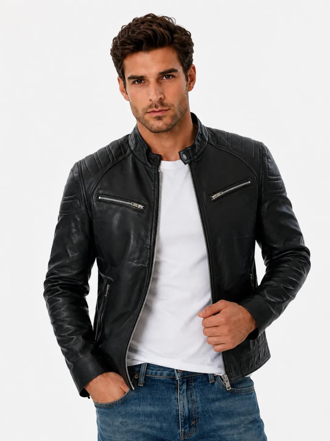 Mens Cafe Racer Black Leather Motorcycle Jacket_6