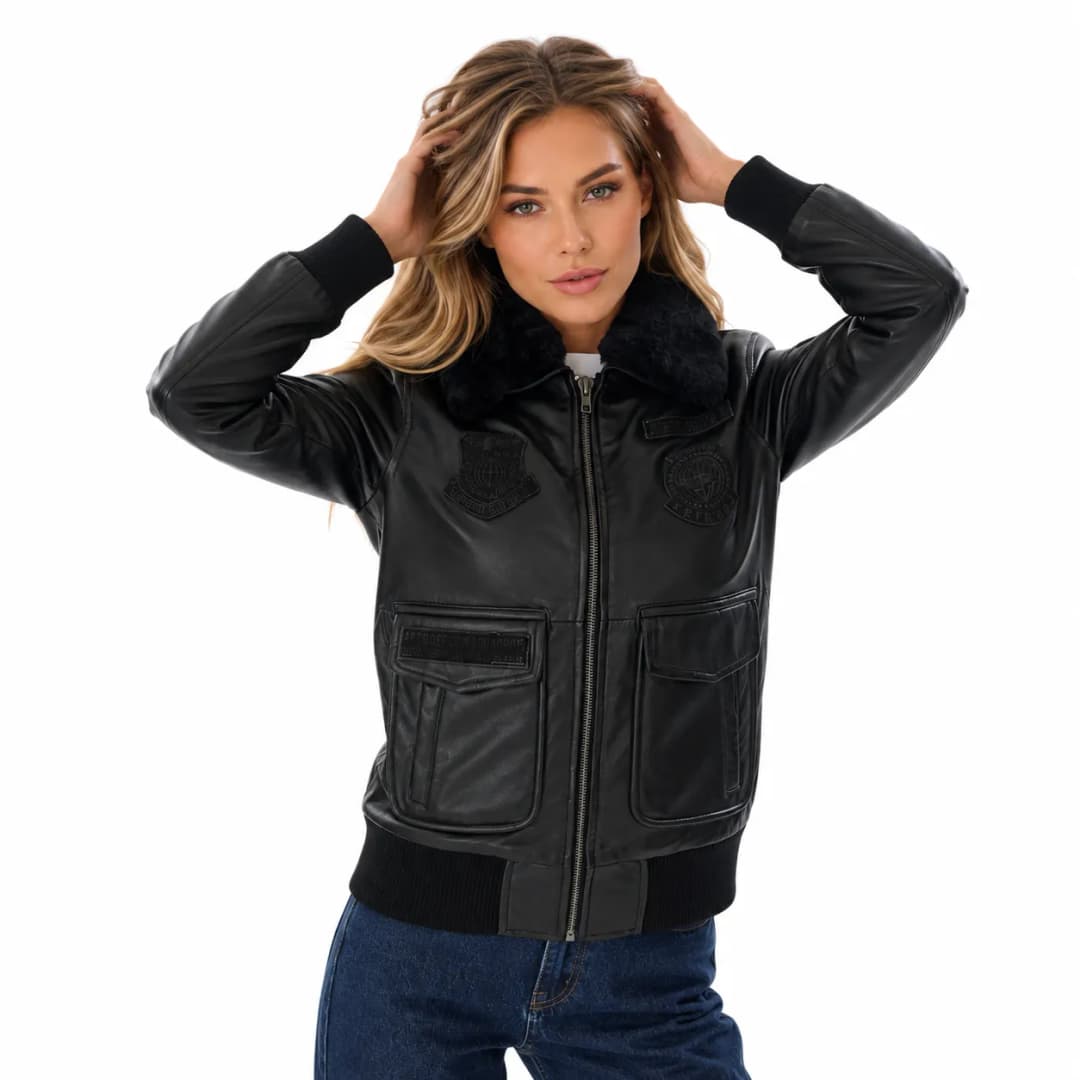 Womens Black Leather Aviator Bomber Jacket with Shearling Collar-2