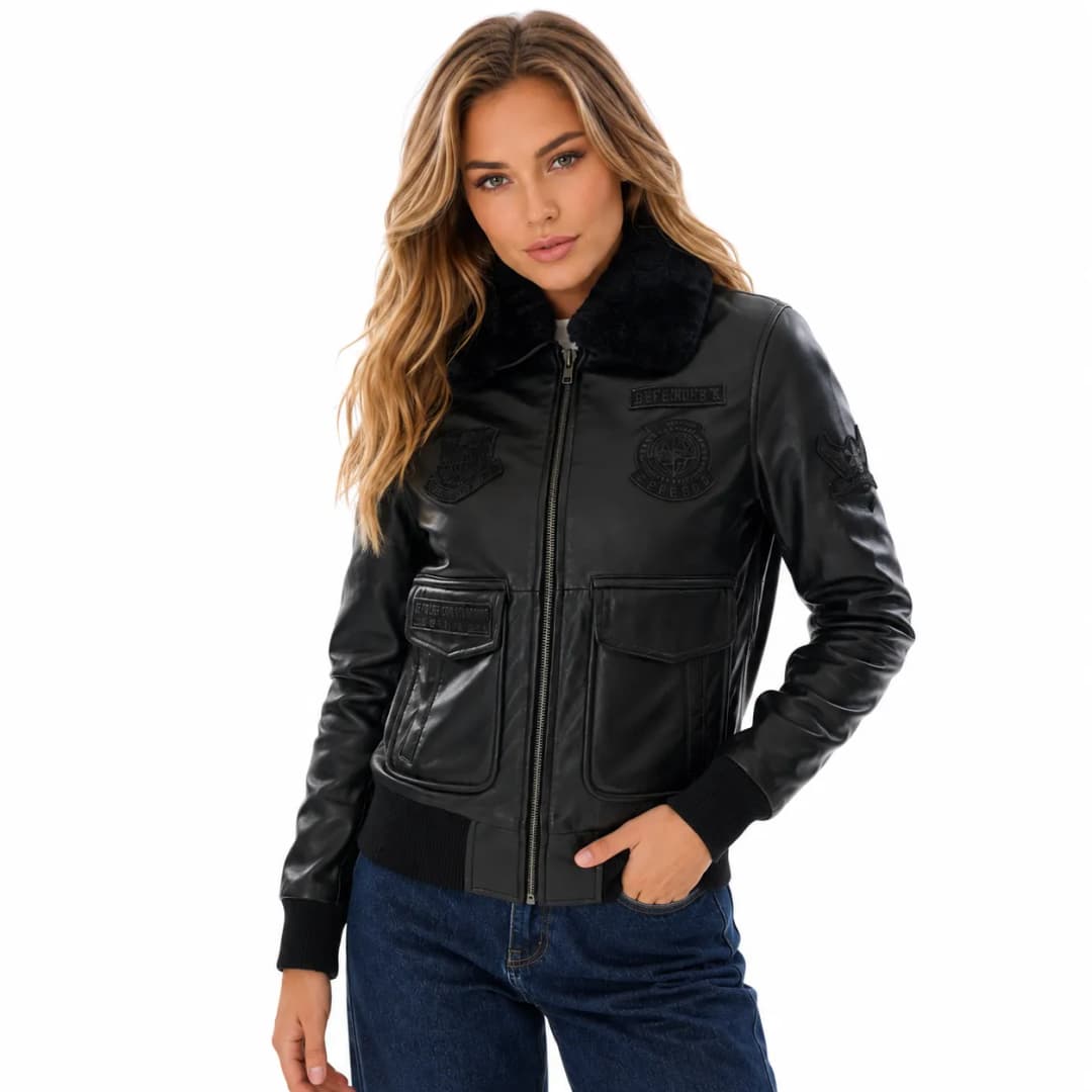 Womens Black Leather Aviator Bomber Jacket with Shearling Collar-3