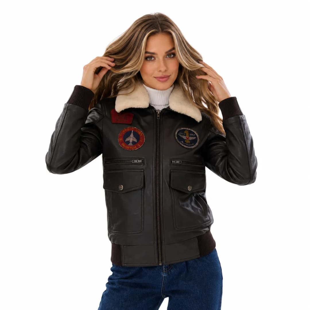 Womens Brown A2 Flight Jacket With Fur Collar-2