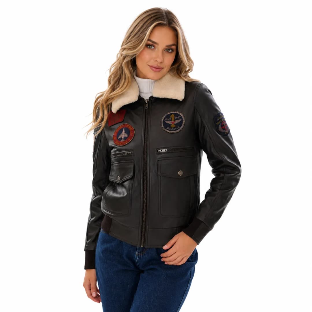 Womens Brown A2 Flight Jacket With Fur Collar-3