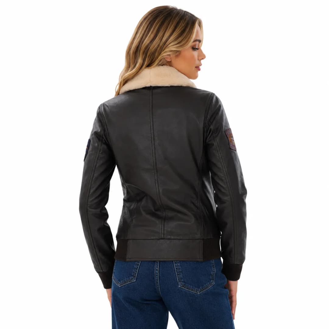 Womens Brown A2 Flight Jacket With Fur Collar-4