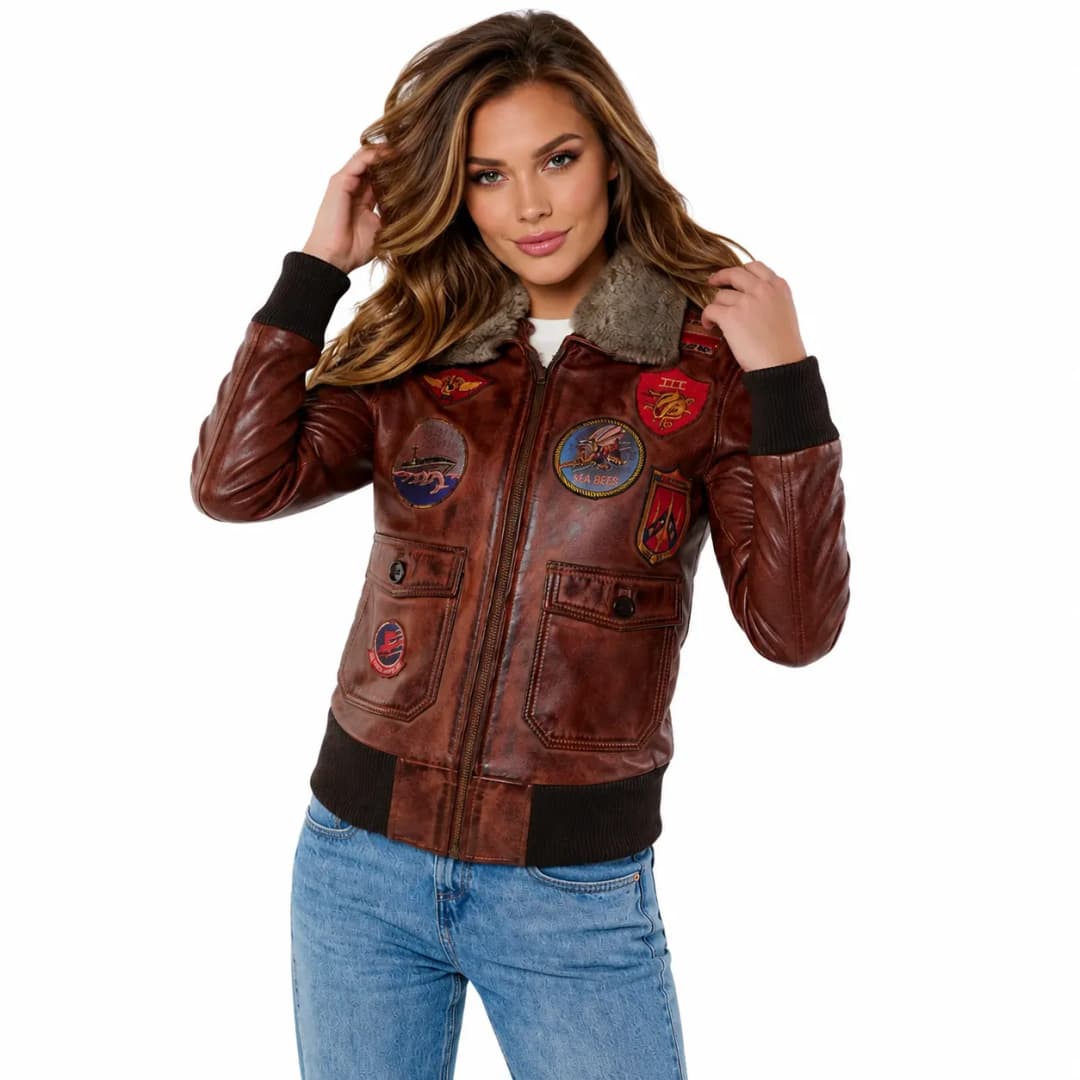 Womens Brown Leather Aviator Bomber Jacket-2