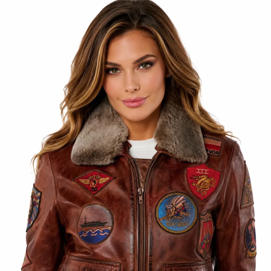 Womens Brown Leather Aviator Bomber Jacket-3