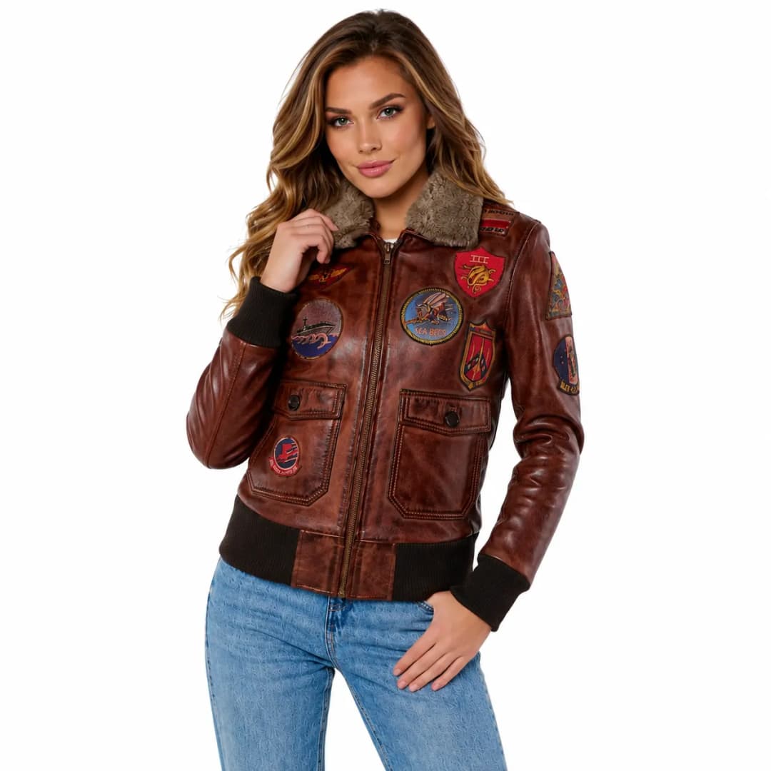 Womens Brown Leather Aviator Bomber Jacket-4