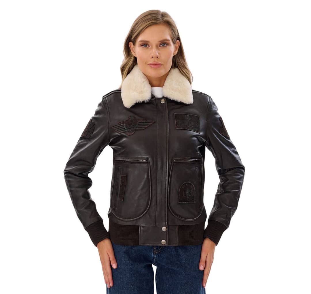 Womens Pilot Jacket Brown With Detachable Shearling Collar